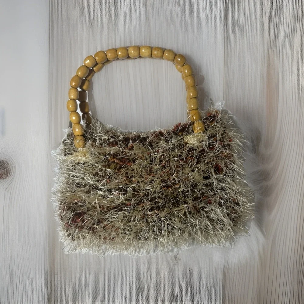 Handmade Fuzzy Yarn Handbag with Wooden Bead Handles Boho Crochet Style Lined